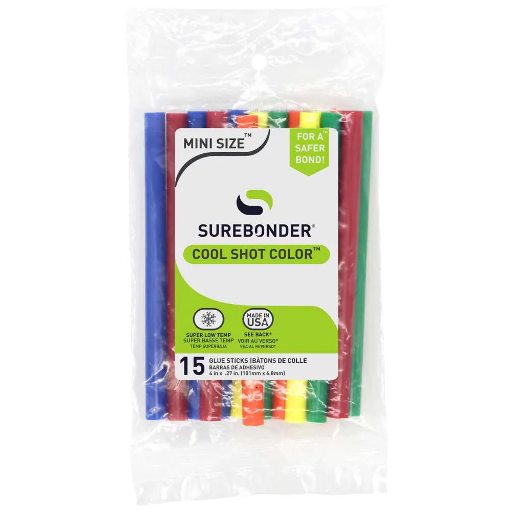 SUREBONDER Cool Shot Low-Temp Mini Glue Sticks 0.3 in. x 4 in. Assorted Colors 15-Pack | CS-15VC | Lowe's