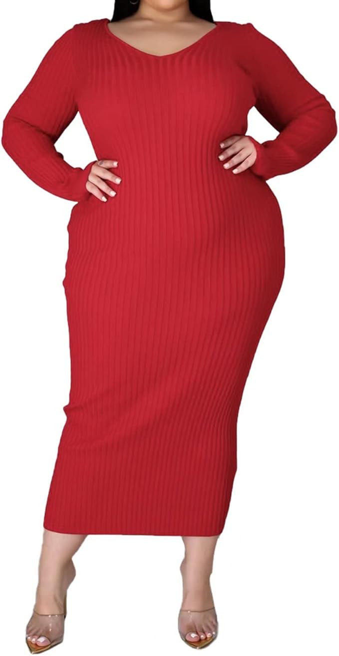 Women's Plus Size Sexy Stretchable Long Sleeve Maxi Sweater Off Shoulder Knit Slim Fit Dress | Amazon (US)
