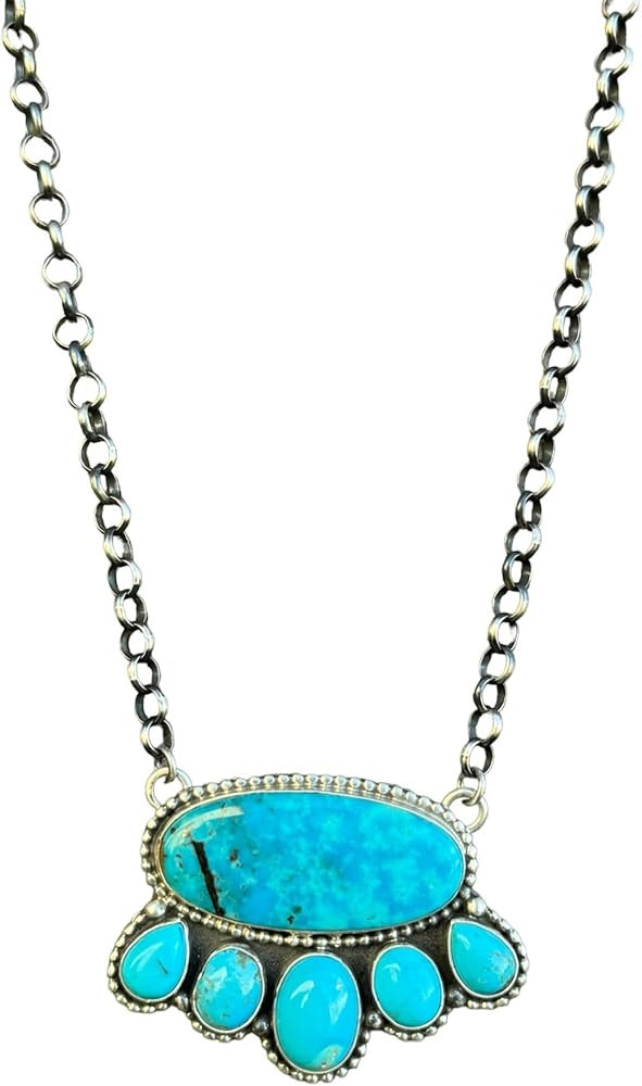 Native American Navajo Sterling Silver Blue Turquoise Chain Pendant Necklace Handmade Artist Sign... | Amazon (US)