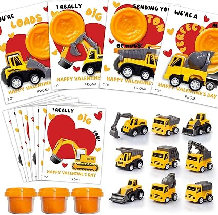 Valentines Day Gifts for Kids - 18 Construction Vehicles Toys with Playdough Card Bulk - Funny Va... | Amazon (US)
