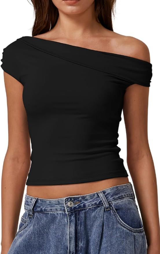 QINSEN Womens Twisted Off The Shoulder Tops Double Lined Short Sleeve T Shirts Slim Fitted Stretc... | Amazon (US)