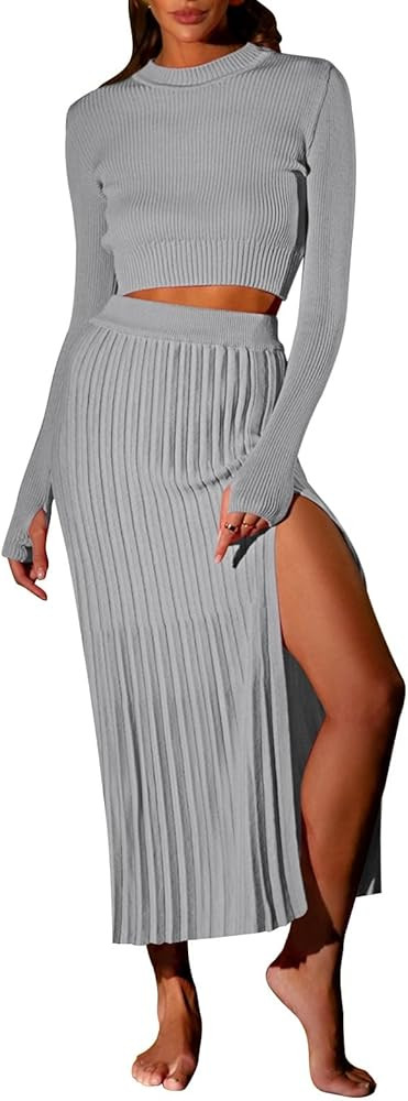 Pink Queen Women's 2 Piece Sweater Outfits Set Long Sleeve Crop Top Ribbed Split Bodycon Midi Lon... | Amazon (US)