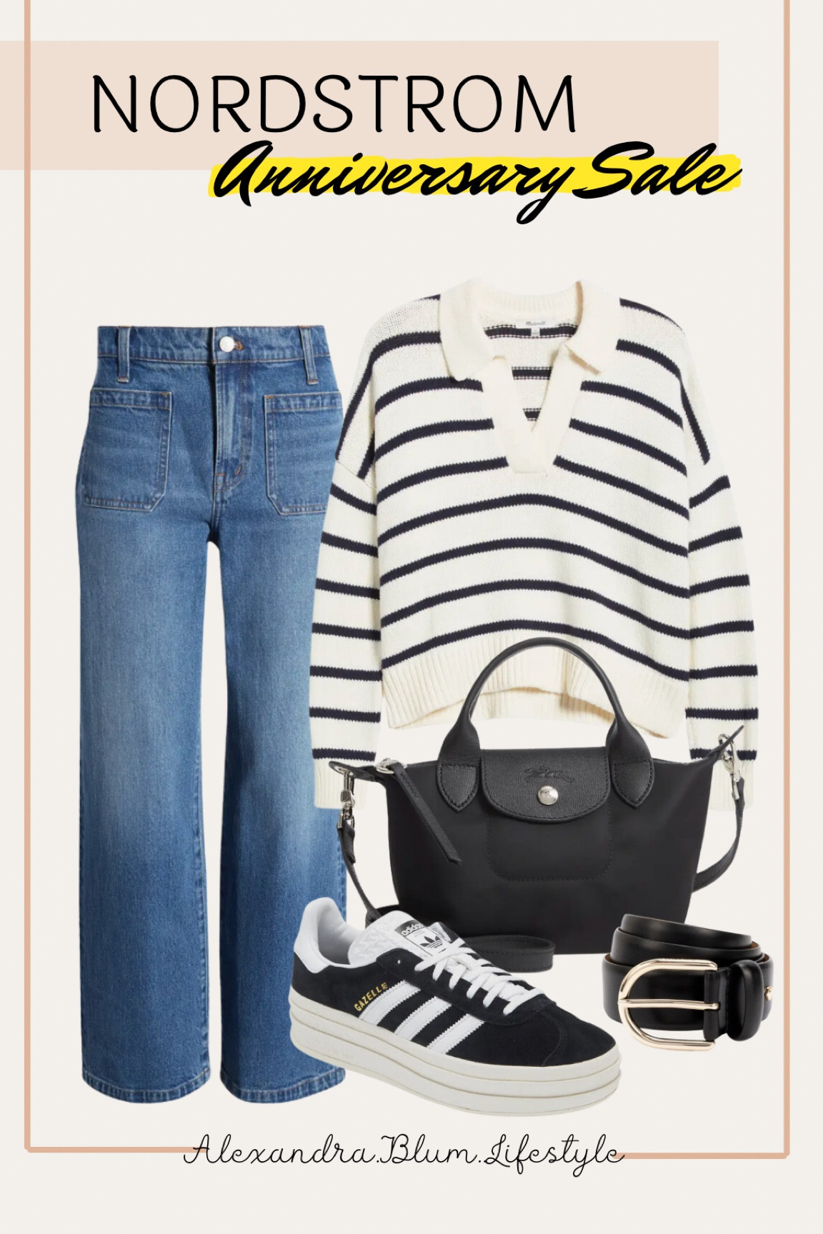Fall winter outfit idea from the Nordstrom Anniversary sale event! Wide leg jeans, black and white striped sweater, black sneakers, black crossbody purse, and black belt! 

#LTKShoeCrush #LTKxNSale #LTKItBag