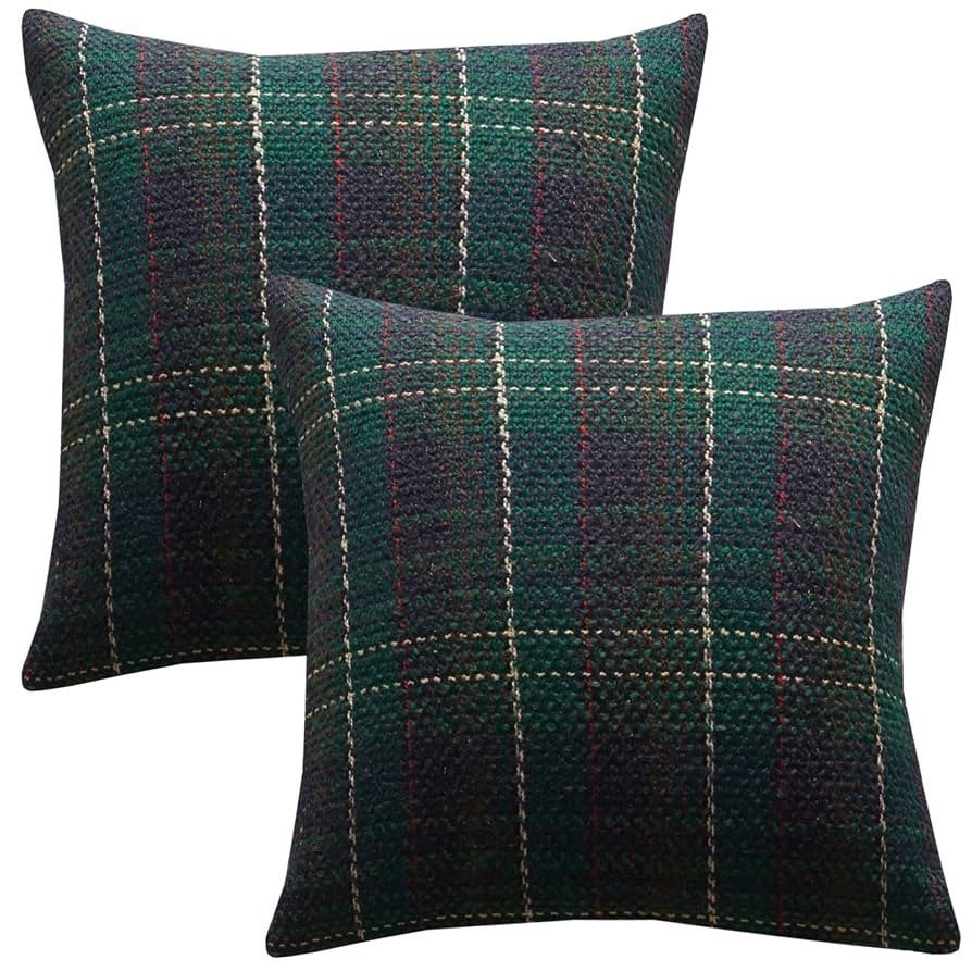 Green Plaid Pillow Covers 20x20 inch Set of 2 Knitting Tartan Pillow Cases Winter Xmas Farmhouse ... | Amazon (US)