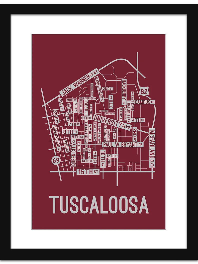 Tuscaloosa Alabama Street Map Screen Print  College Town Map - Etsy | Etsy (US)