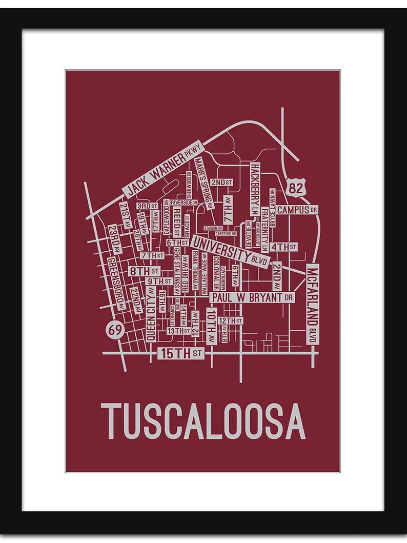 Tuscaloosa Alabama Street Map Screen Print  College Town Map - Etsy | Etsy (US)