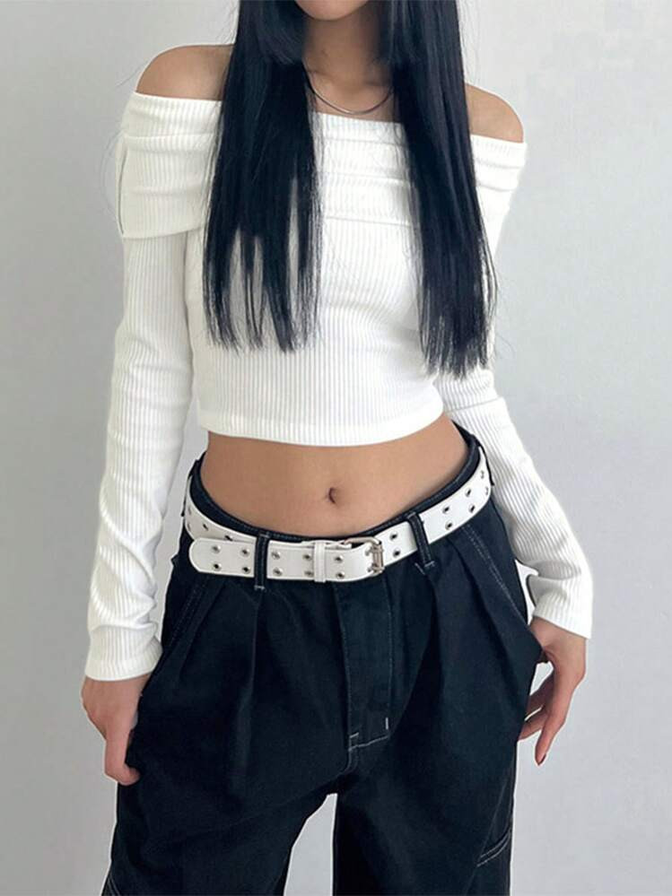 DAZY Off Shoulder Crop Tee Festival Long Sleeve Women Tops | SHEIN