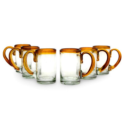 Hand Blown Beer Glasses with Amber Handle and Rim (Set of 6) | NOVICA