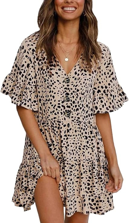KIRUNDO 2021 Summer Women’s Ruffle Half Sleeves Mini Dress V Neck Leopard Print Loose Ruffle Sh... | Amazon (US)