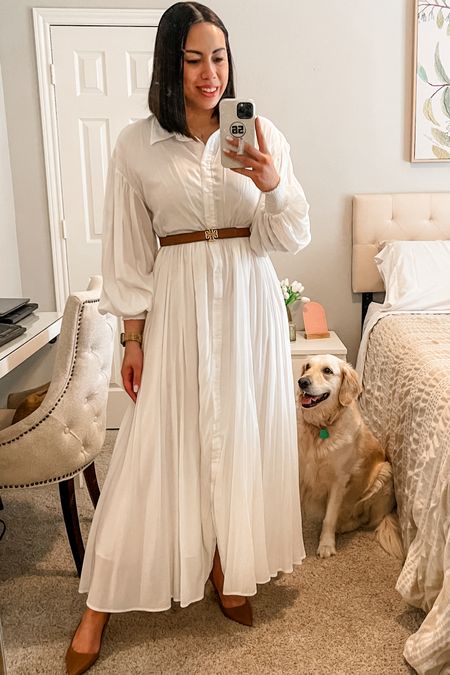 Spring Workwear // Spring Outfit // Vacation Outfit // White Maxi Dress 

- White Maxi Dress: Size Small - Sold Out 
- Brown Belt
- Brown Pumps: Size 8

#LTKstyletip #LTKworkwear #LTKSeasonal