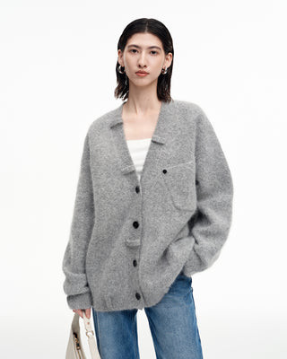 Angora rabbit hair and wool blend gray V-neck knitted cardigan | SELFWHO