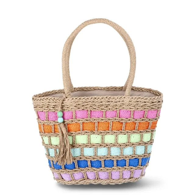No Boundaries Festival Straw Top Handle Bag, Natural/Rainbow, Women's | Walmart (US)