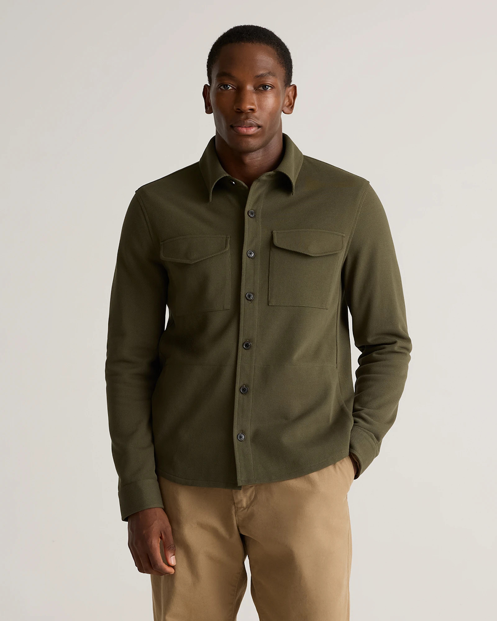 Cotton Pique Knit Overshirt in Olive | Quince