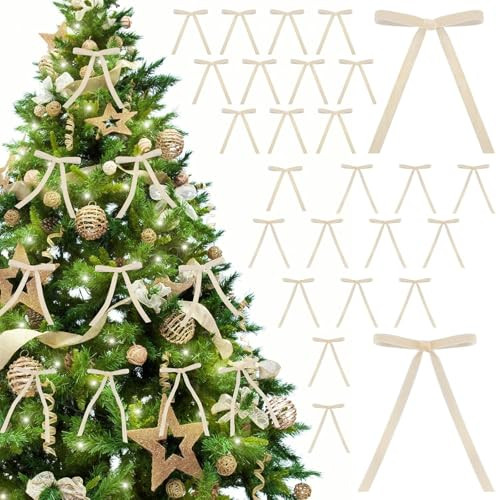 24pcs Velvet Bows for Christmas Tree, Christmas Wreath Bows, Christmas Velvet Bows Country Crafts Gift Bows Vintage Velvet Ribbon Bows Christmas Home Decoration Wedding Outdoor Indoor (Champagne) | Amazon (US)