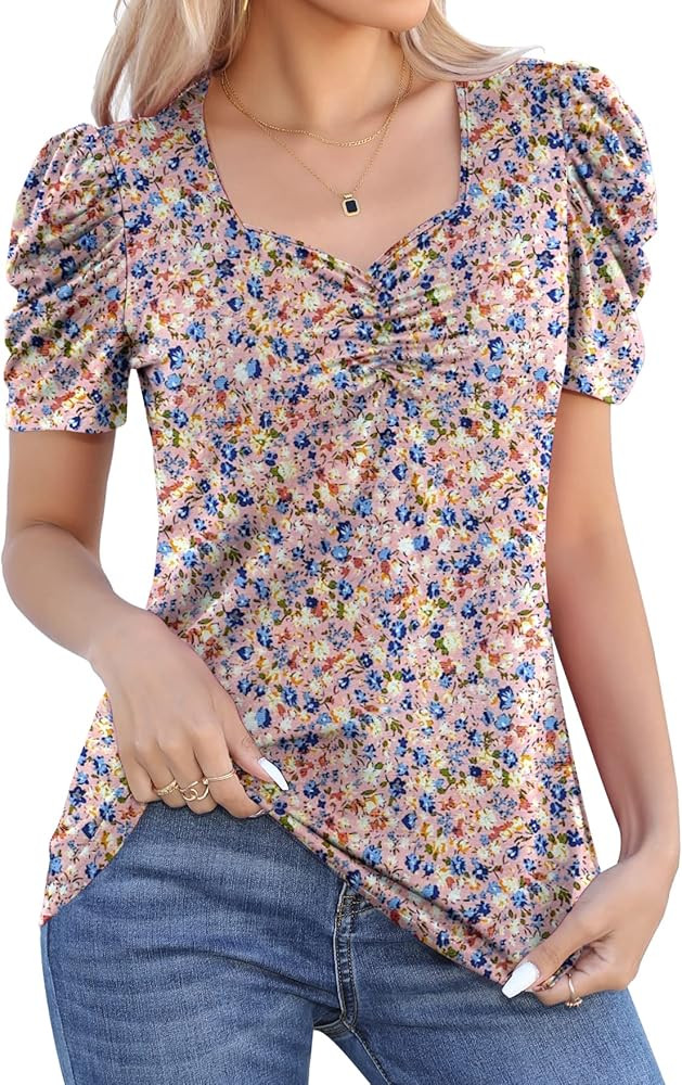 Micoson Women's Summer Shirt Ruched Square Neck Tops Puff Short Sleeve T-Shirt Loose Casual Tunic... | Amazon (US)