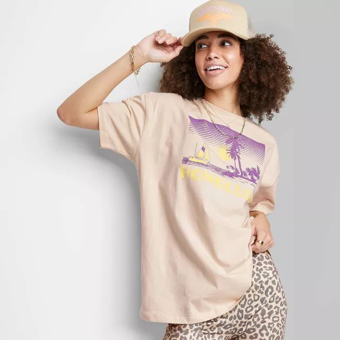 Women's Ascot + Hart Honolulu Short Sleeve Graphic Boyfriend T-Shirt - Tan | Target