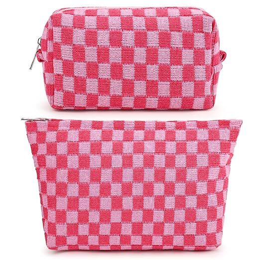 2 Pieces Makeup Bag Large Checkered Cosmetic Bag Pink Capacity Canvas Travel Toiletry Bag Organiz... | Amazon (US)