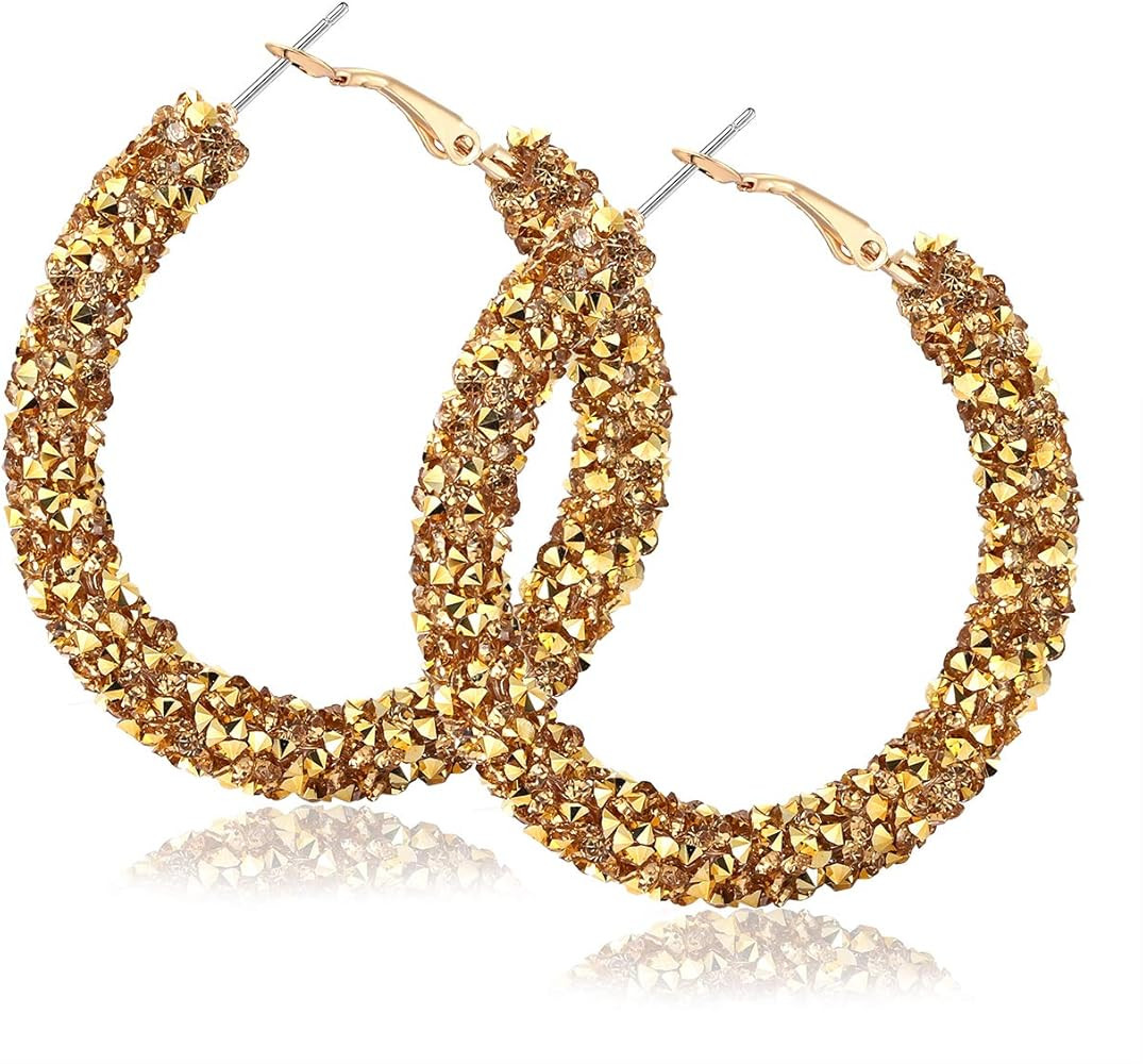 NLCAC Glitter Hoop Earrings Bohemian Sparkle Resin Rhinestone Wrapped Hoop Dangle Earrings for Wo... | Amazon (US)