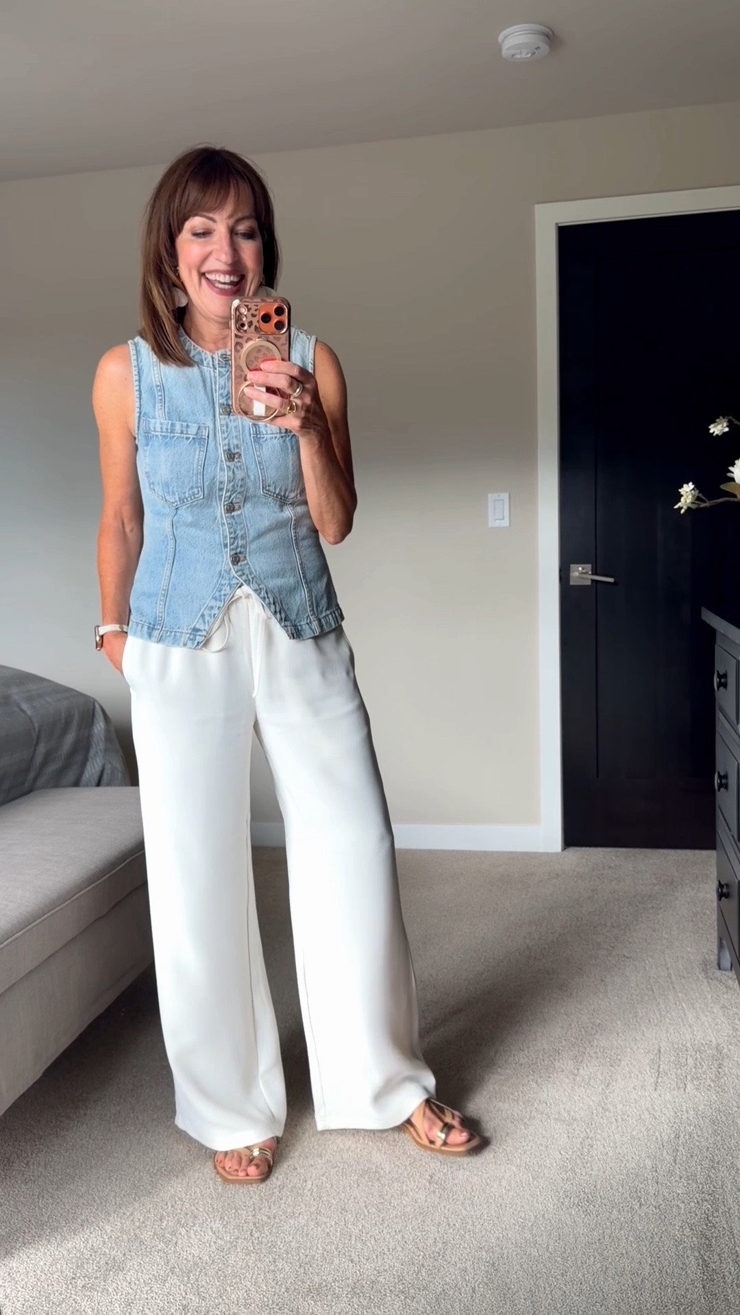 Outfit for going to lunch with friends! These are the @amazonfindsandfashion version of a much more expensive pant! I love them! 

White wide leg pants, denim vest, dolce vita sandals

#LTKdayinmylife #LTKootd #LTKOver40