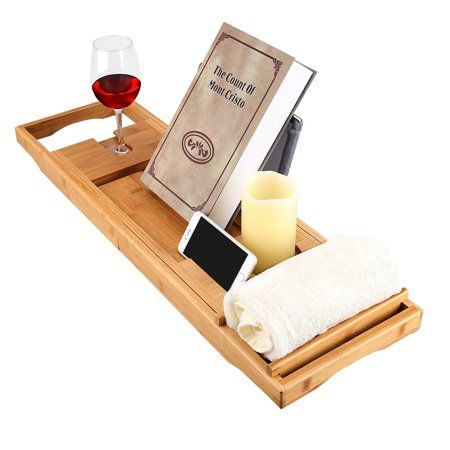 100% Natural Bamboo Bathtub Caddy Over-the-Tub Tray Organizer with Extendable Sides, Removable Slidi | Walmart (US)