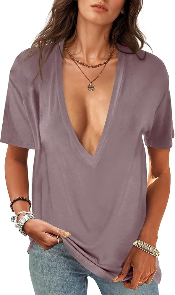 UNCLECAT Womens Deep V-Neck T Shirts Sexy Short Sleeve Tops Summer Oversized Tee | Amazon (US)