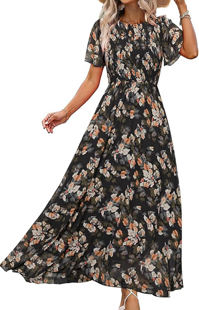 Simplee Womens Summer Floral Casual Maxi Dresses Flutter Short Sleeve Crew Neck Smocked Chiffon B... | Amazon (US)