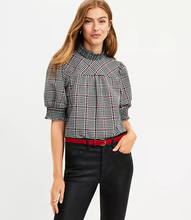 Plaid Smocked Puff Sleeve Top | LOFT