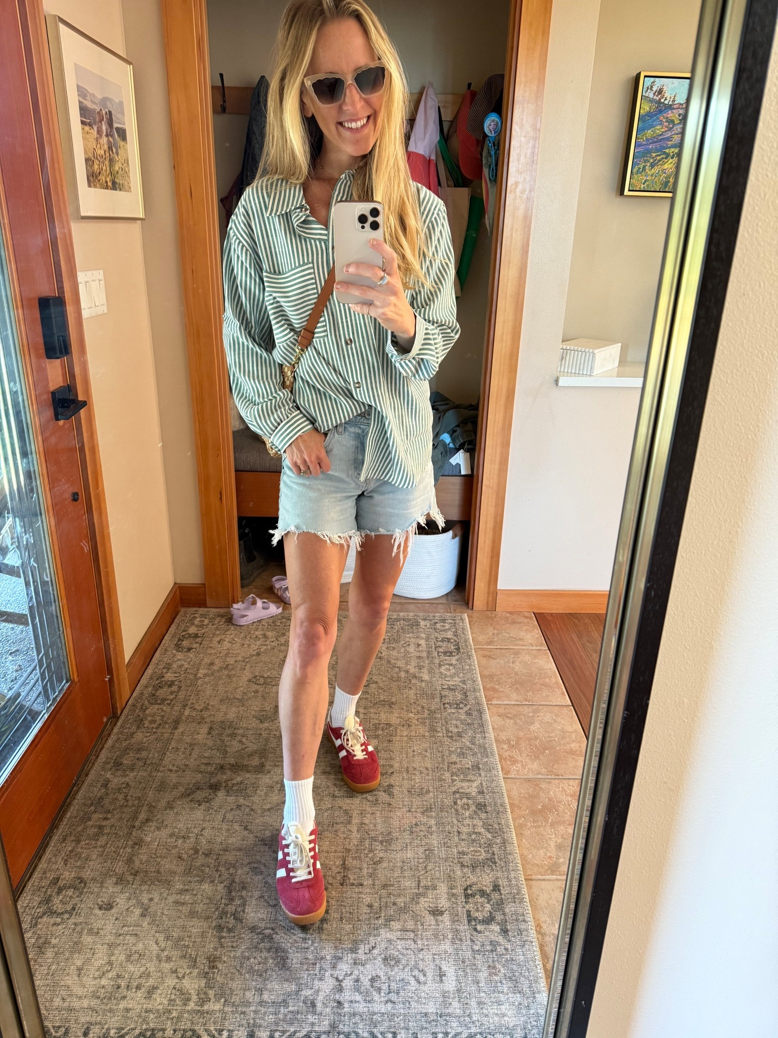 Summer fit check! This shirt is Living In Yellow but I’ve linked similar. Green striped shirt, summer fit, mom summer outfits, casual style, Clare V bags

#LTKShoeCrush #LTKStyleTip #LTKItBag