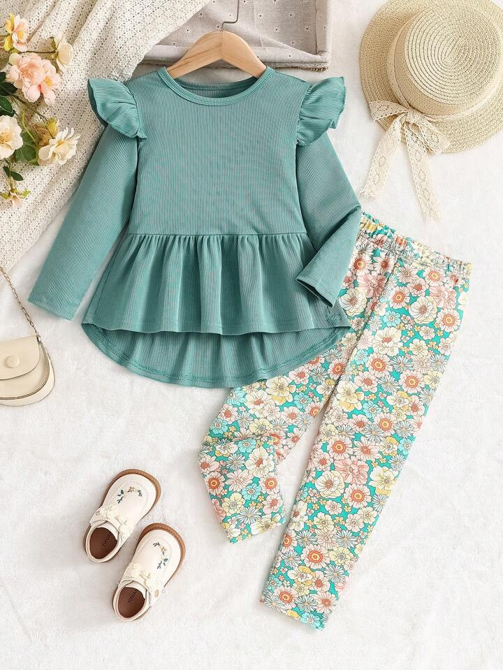 2pcs/Set Young Girls Casual Cute & Fresh Cap Sleeve T-Shirt And Floral Pants Set, Autumn | SHEIN ... | SHEIN