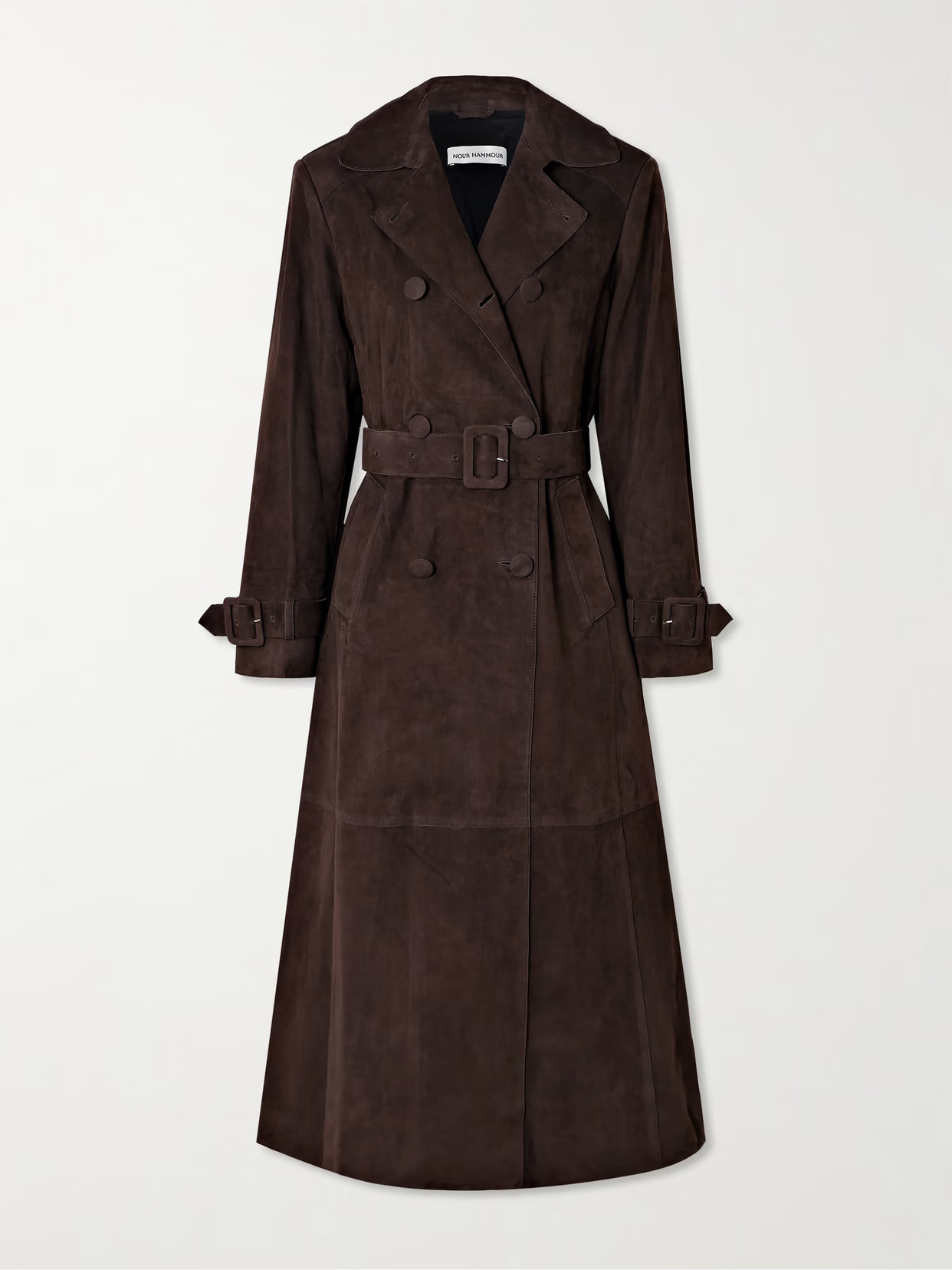 Nour Hammour - Tate Belted Paneled Double-breasted Suede Trench Coat - Brown | NET-A-PORTER (US)