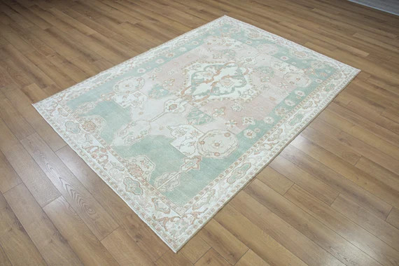 Pastel Pink Aqua Green Area Rug 6.8x9.5 Feet Muted Oushak Rug,Unusual Vintage Rug,Bohemian Rug,No... | Etsy (US)