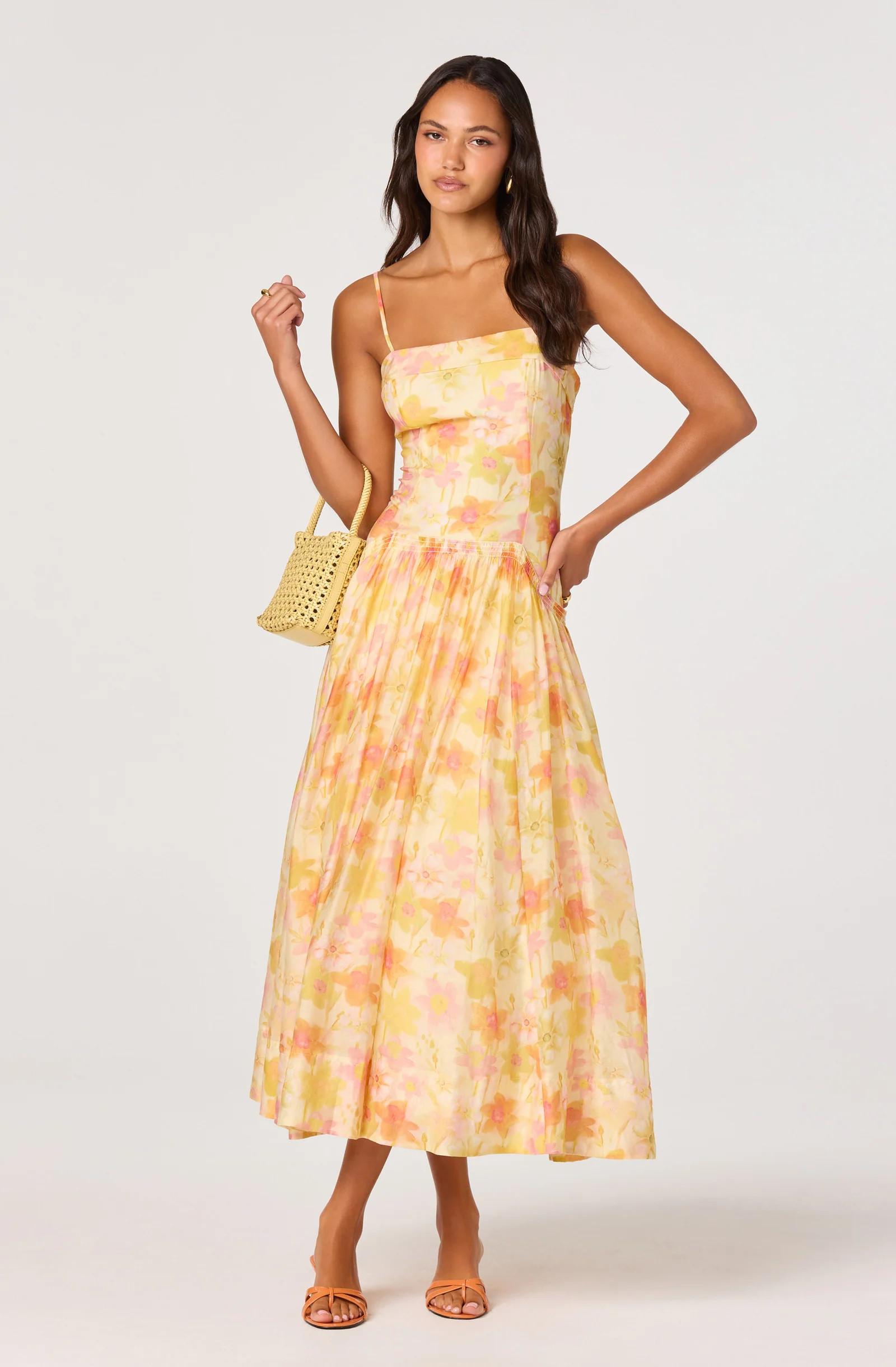 Ovina Floral Smocked Drop-Waist Maxi Dress - Yellow floral / M | ASTR The Label (US)