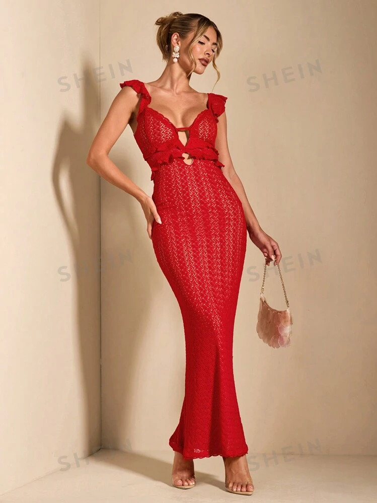 SHEIN BAE Summer  Sexy Hollow Crochet Textured Cap Sleeve Backless Tie Up Elegant Long Mermaid Dr... | SHEIN