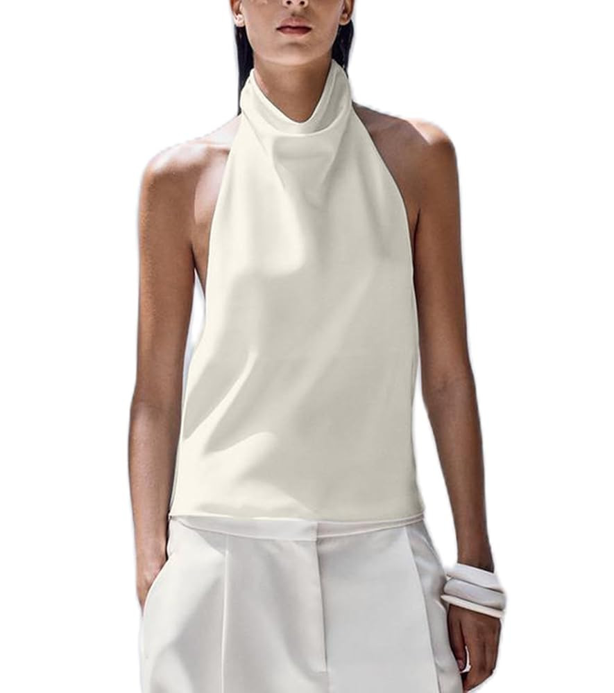 Women Satin Halter Tank Top Sexy Sleeveless High Neck Backless Silk Crop Cami Shirt Y2K Open Back... | Amazon (US)