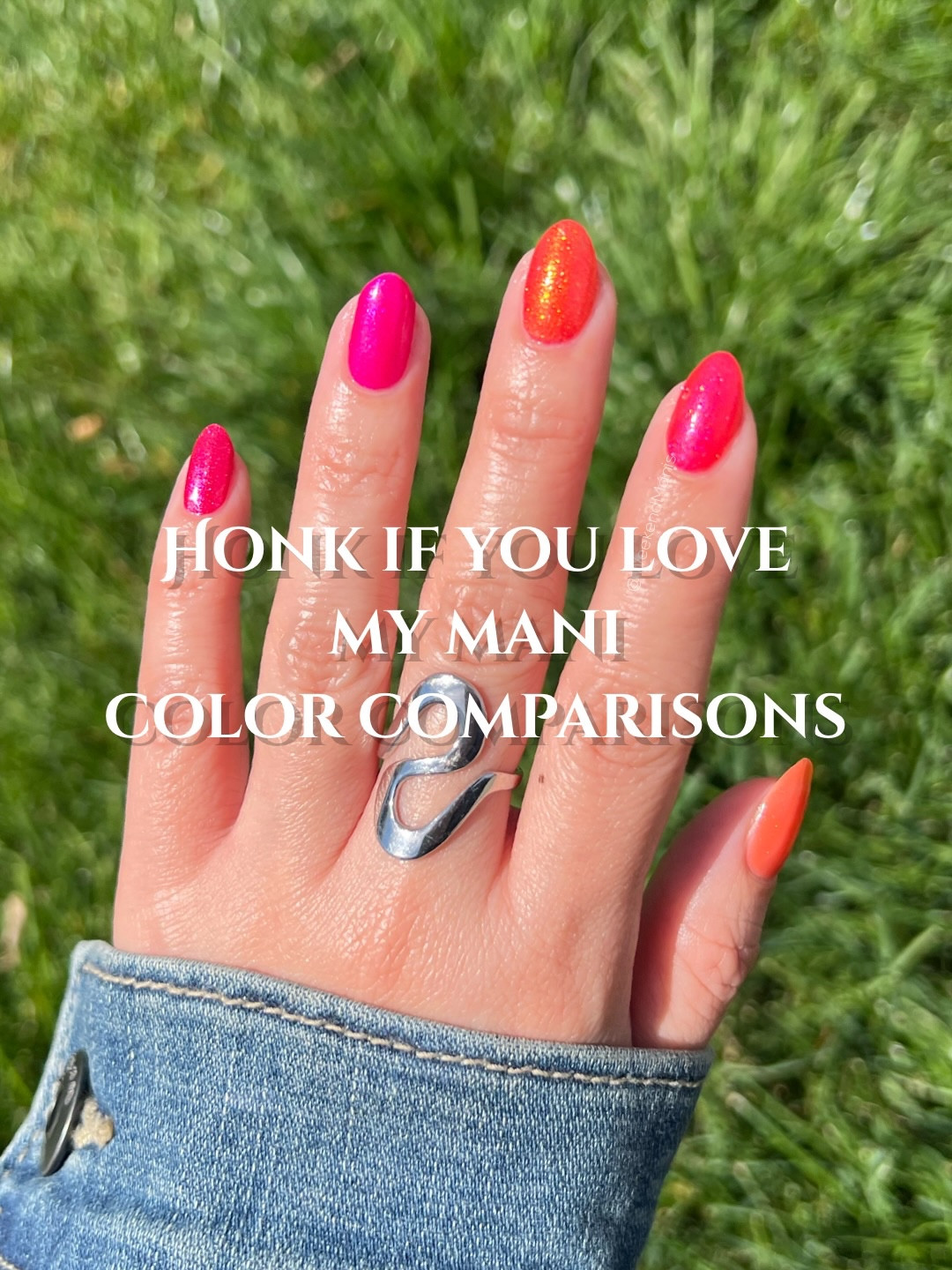 Honk If You Love My Mani (shimmery orange red):

I don’t tend to go for orangey shades, but this one was really fun and festive. I don’t think there is anything in the O&J lineup that is very close to this color, so | just included I’ll Take Another Spritz as perhaps the closest orange shimmery shade - but they are vastly different in tone and finish. HIYLMM is like if you made Lava in the finish of Rodeo Queen. ❤️‍🔥

Honk If You Love My Mani color comps:

Pinky: Ruby Shimmer
Ring: Lily Blooms 
Middle: Honk If You Love My Mani
Index: Rodeo Queen
Thumb: I’ll Take Another Spritz

Save this if you’d like to recreate this skittle! 💅 

If you found this helpful, I would really appreciate it if you started your shopping with my ShopMy link!
You can find it in my bio or you’re always welcome to DM me too 🫶

#oliveandjune #WeekendManis #springnails #naturalnails