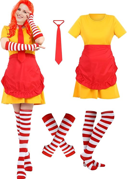 Xtinmee Waitress Cosplay Costume Women Fancy Dress Striped Knee Stocking Long Arm Gloves Tie and ... | Amazon (US)