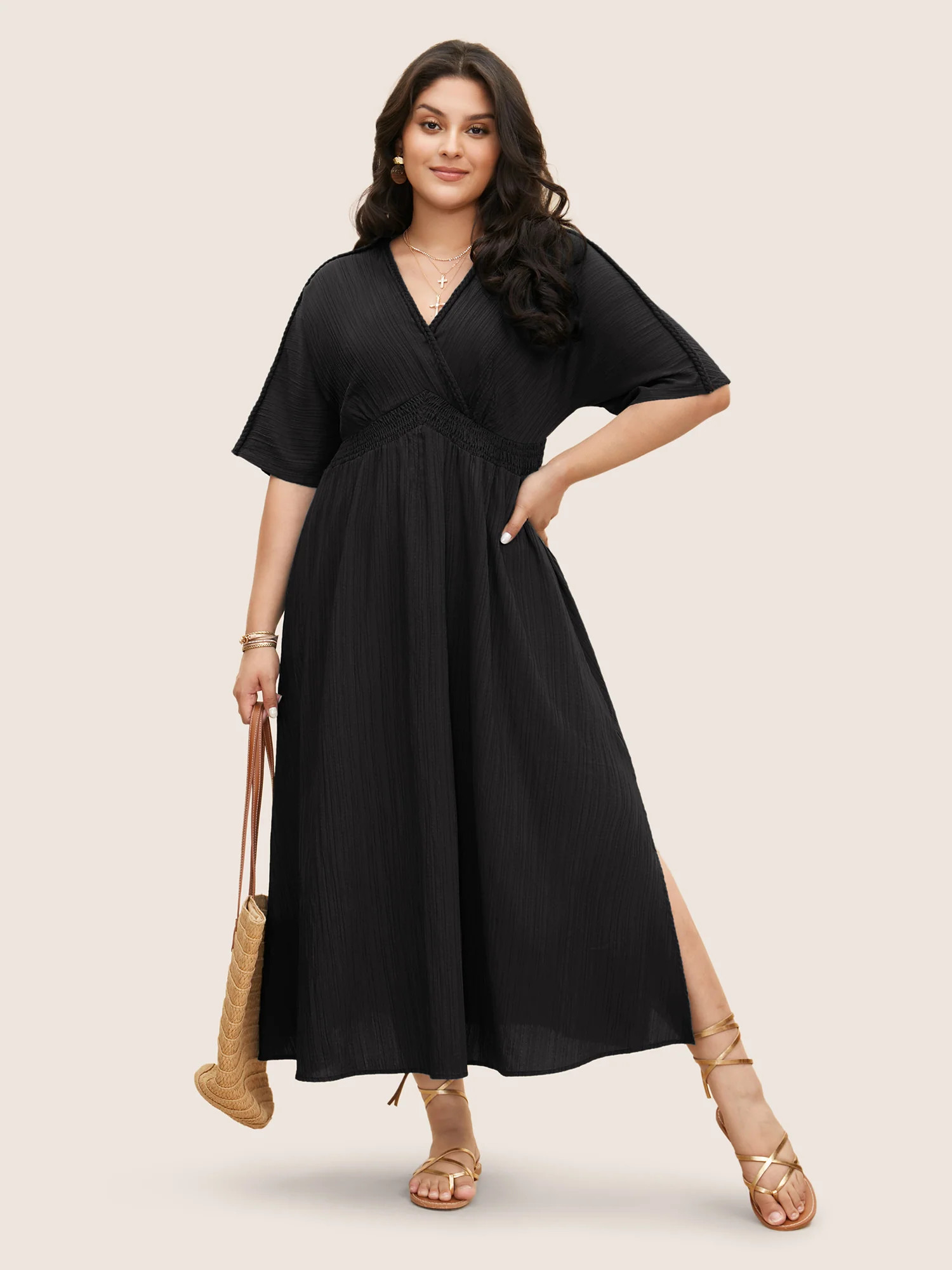 V Neck Shirred Contrast Webbing Split Side Dress | Bloomchic