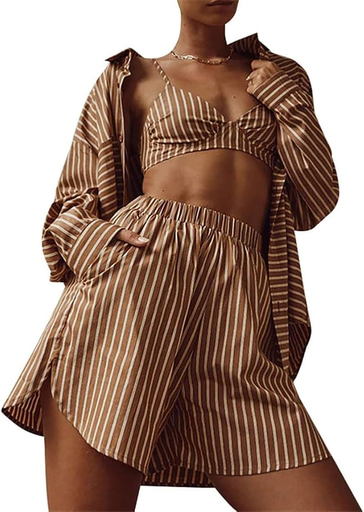 Women's Casual 3 Piece Outfit Set Stripe Long Sleeve Shirt Bra Top Loose Shorts Tracksuit DD941 | Amazon (US)