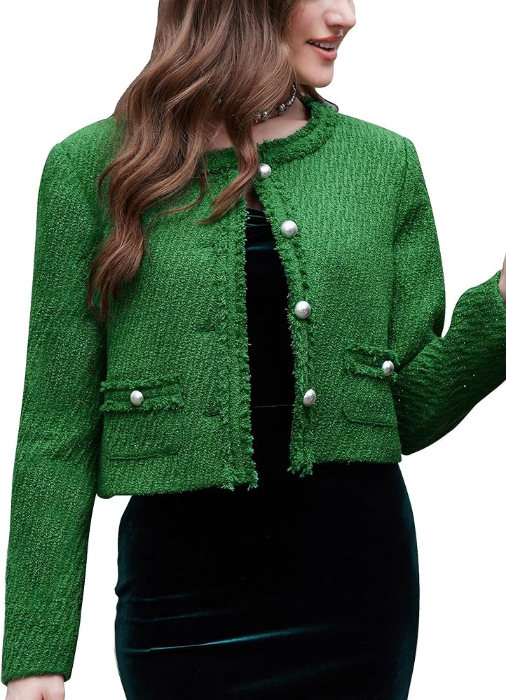 M.Infisavo Tweed Blazer Jackets for Womens with Pockets, Cropped Long Sleeve Open Front Collarles... | Amazon (US)