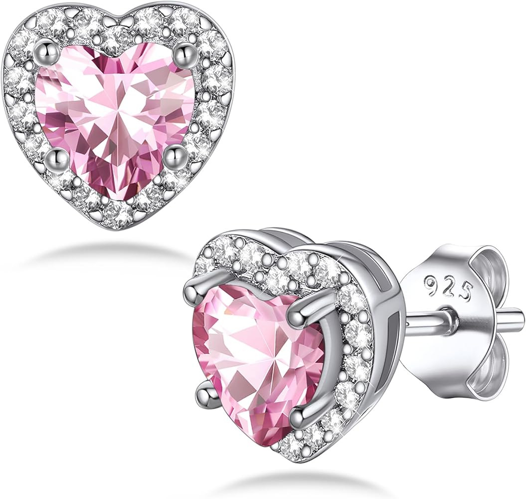 Bestyle Sparkling 925 Sterling Silver Birthstone Stud Earrings for Women, Heart/Round/Teardrop/Sq... | Amazon (US)