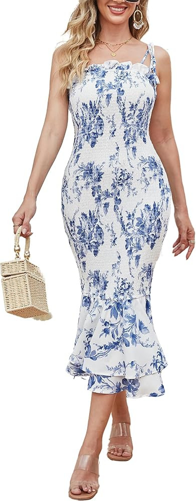 GRACE KARIN Women's 2024 Maternity Summer Floral Smocked Sundress Midi Bodycon Sleeveless Ruffle ... | Amazon (US)