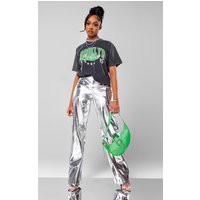 Silver Metallic Faux Leather Straight Leg Pants | PrettyLittleThing US