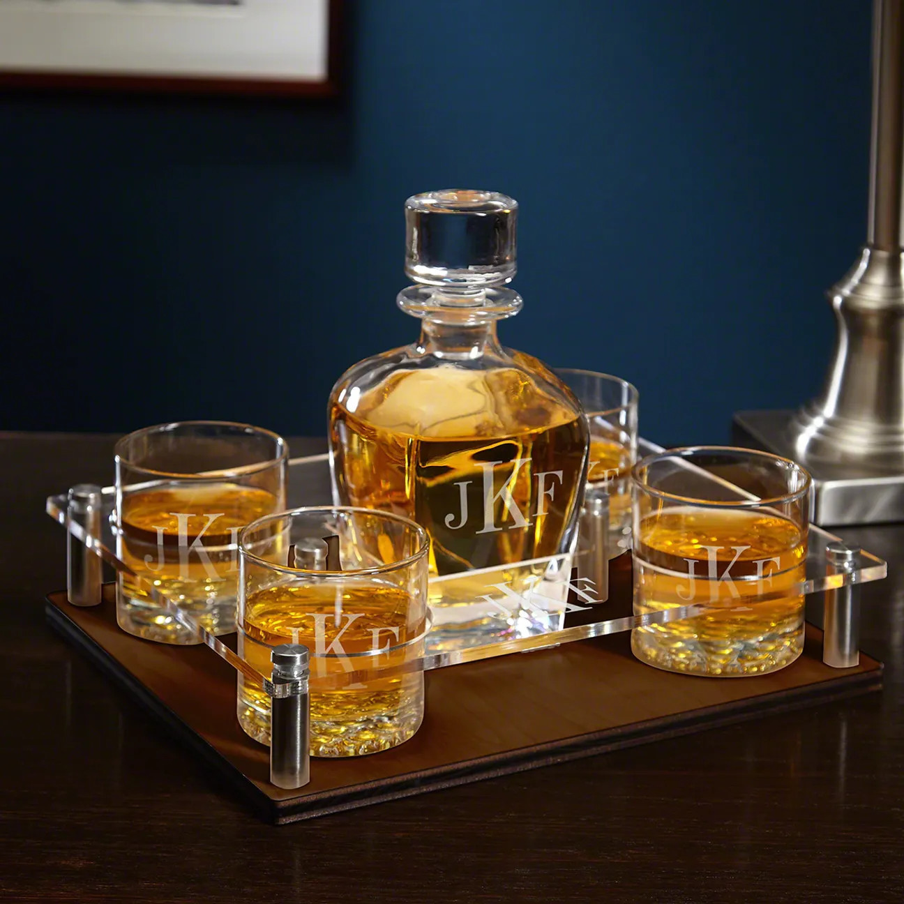 Presentation Set with Engraved Whiskey Glasses & Decanter Set - 6pc Walnut Bar Serving Tray & Dis... | HomeWetBar.com