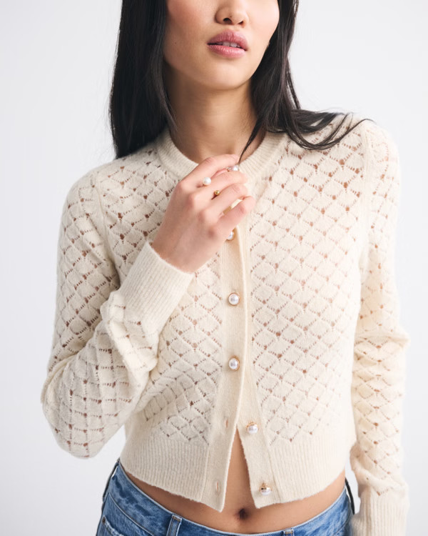 Shrunken Pointelle Crew Cardigan | Abercrombie & Fitch (US)