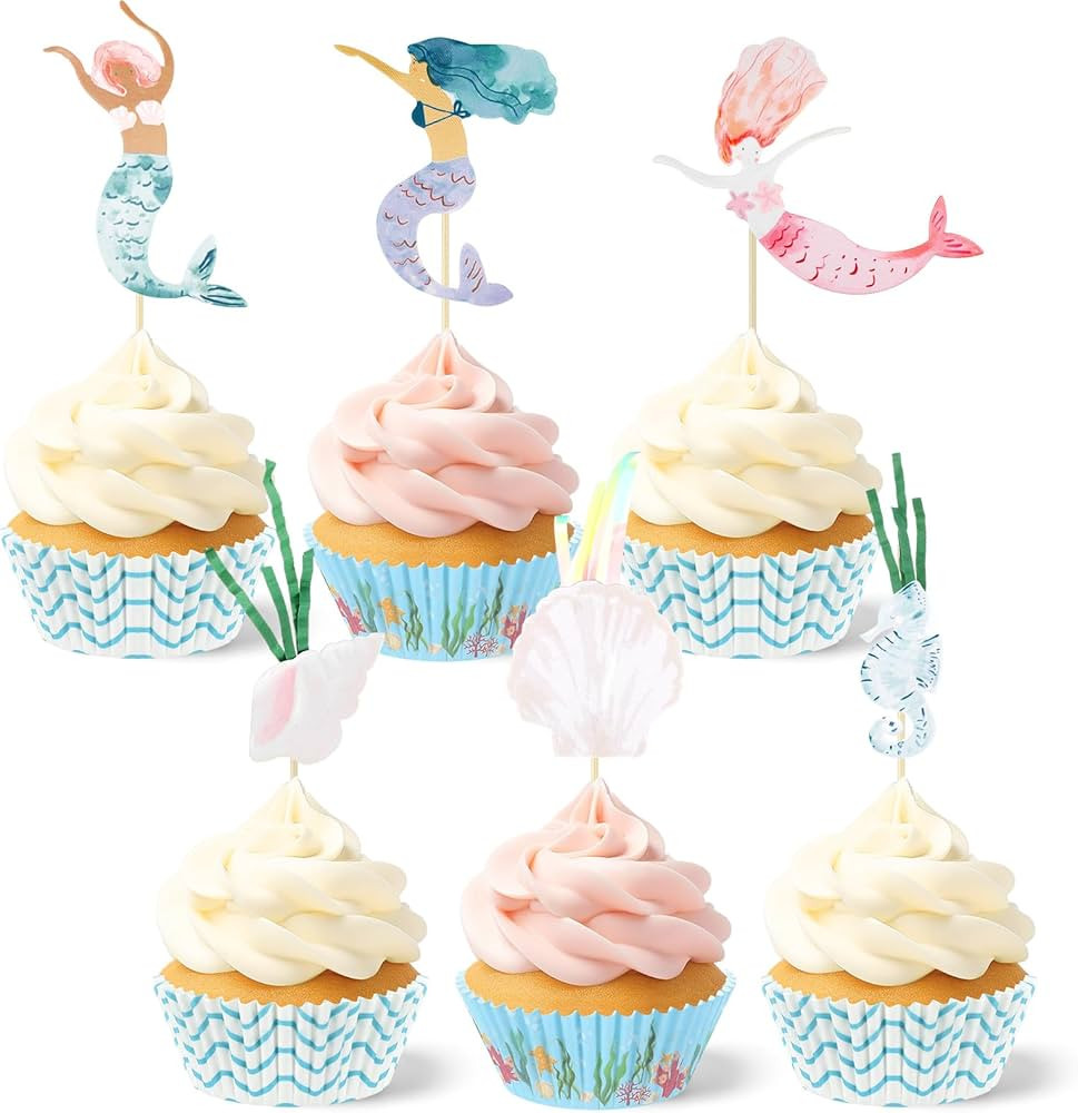 Honeydak 48 Pcs Mermaid Cupcake Kit Include 24 Mermaid Cake Topper 24 Ocean Cupcake Liners for Bi... | Amazon (US)