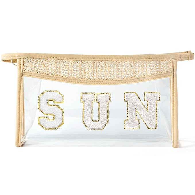 Boho Patch Cosmetic Bag - Summer SUN Chenille Varsity Letter Toiletry Bag Beige Clear Waterproof ... | Amazon (US)