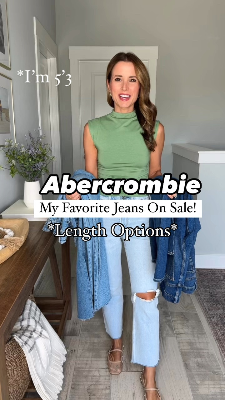My favorite Abercrombie jeans on sale! 90s straight jeans. Ankle straight jeans. Mid rise jeans. Viral mom jeans on sale! Flare jeans on sale. Back to school. Fall outfits. Elevated casual. Wearing XXS in tops. Paloma top in XXS.

*I am 5’3, 110, wearing 24 short in each* - detailed sizing info below!

#1: My favorite pair I wear the most! 11.5” Ultra high-rise ankle straight in 24 short, color light destroy. Comes just above my ankles! Consider going up in *length* if you want them longer! All-day comfort stretch fabric and doesn’t lose its shape! 
#2: 11.5” Ultra high-rise 90s straight in 24 short, medium destroy. Full length on me! I LOVE these! Fitted in hips/thighs and straight leg at bottom. 
#3: 9.5” Mid-rise 90s straight jeans in 24 short, color medium - great if you don’t like a high-rise or have a short torso!
#4: The viral 10.5” high-rise mom jeans in 24 short, medium destroy - fitted at waist with a slightly relaxed/tapered leg shape and cuts at the ankle
#5: 11.5” Ultra high-rise flare jeans in 24 short, color dark - the perfect amount of stretch and holds its shape!
#6: 10.5” High-rise vintage straight jeans in 24 short in color medium. Relaxed at the waist/hips, and straight-leg past knee. Made from vintage stretch fabric!

#LTKxAF #LTKFindsUnder100 #LTKBacktoSchool