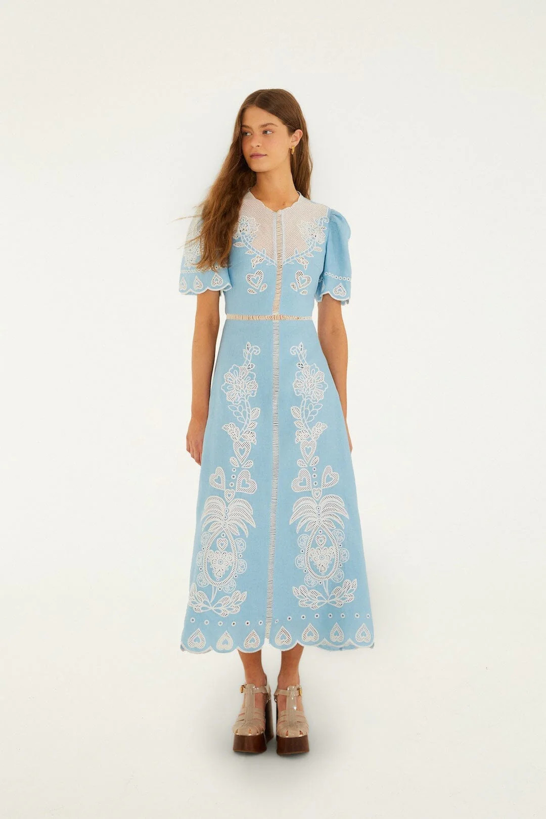 Light Blue Embroidered Euroflax Premium Linene Midi Dress | FARM Rio | Farm Rio UK