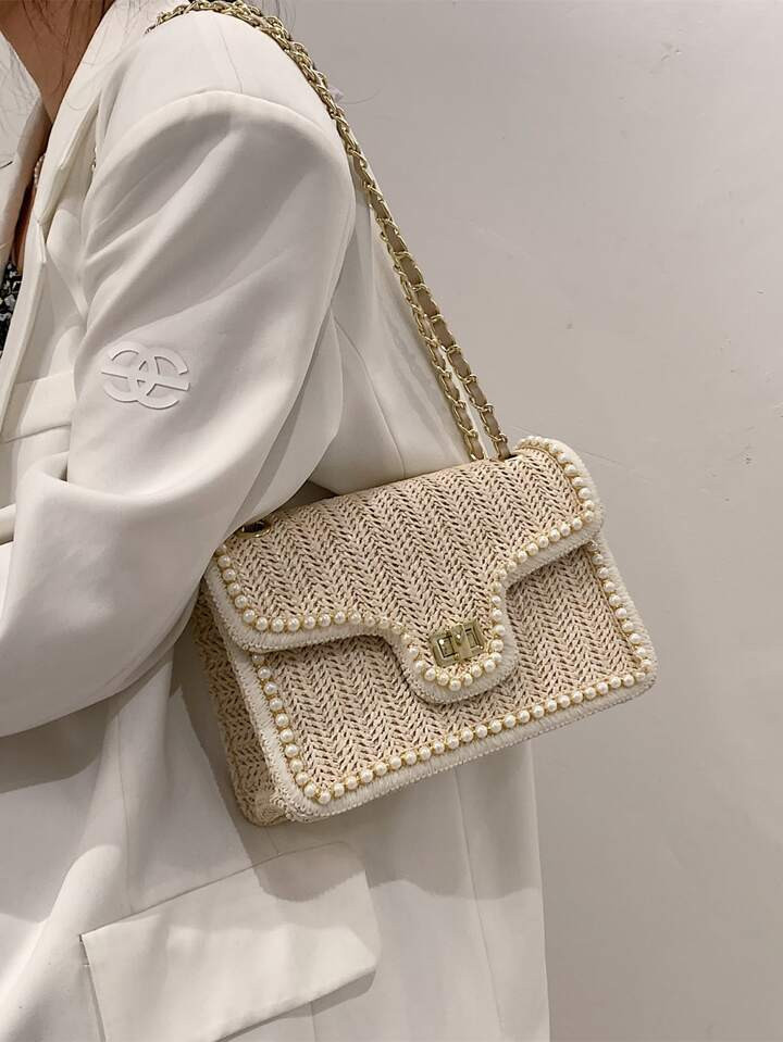 1pc 2024 New Fashionable Pearl Straw Studded Shoulder Crossbody Square Bag, Suitable For Women Va... | SHEIN
