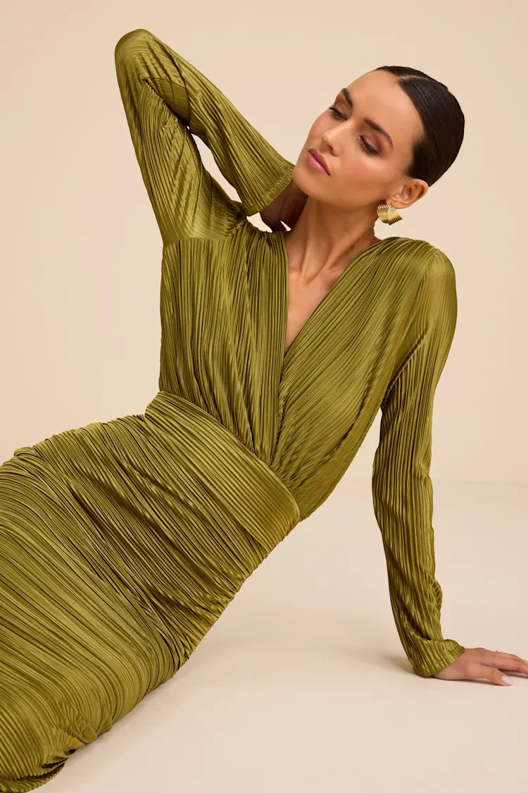 Seren Olive Green Plisse Surplice Maxi Dress | Miami dress | Miami bachelorette  | Lulus